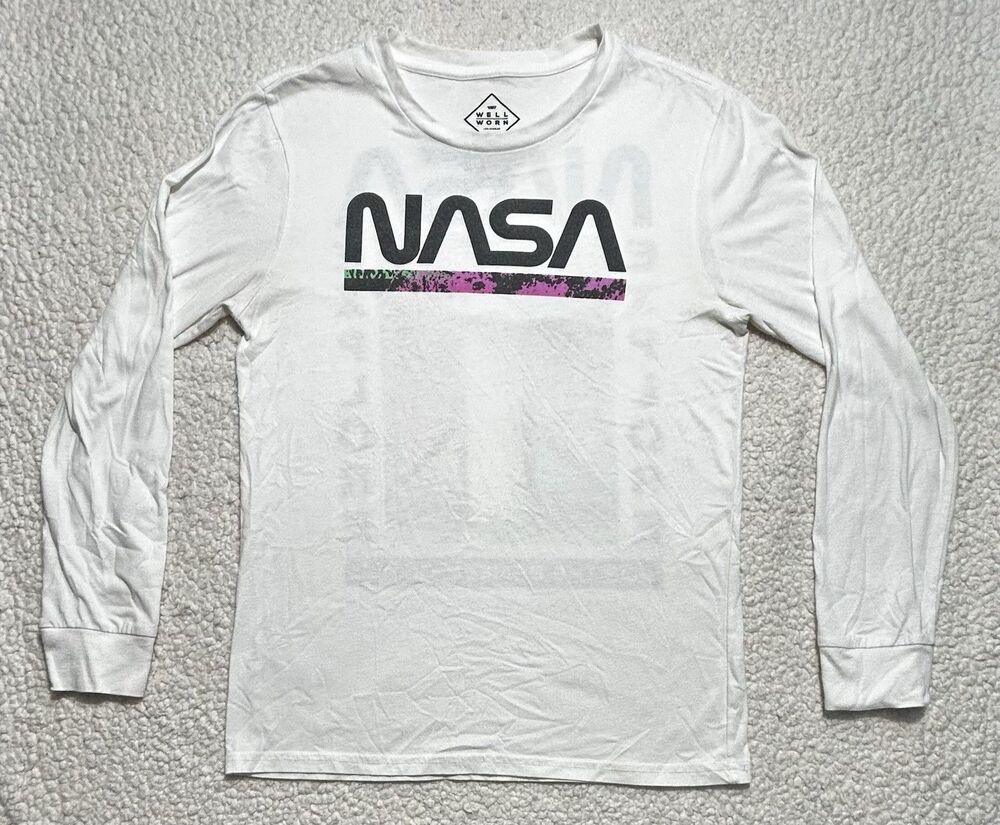 Well Worn NASA Men T Shirt White Long Sleeve Space Shuttle Back Graphic S